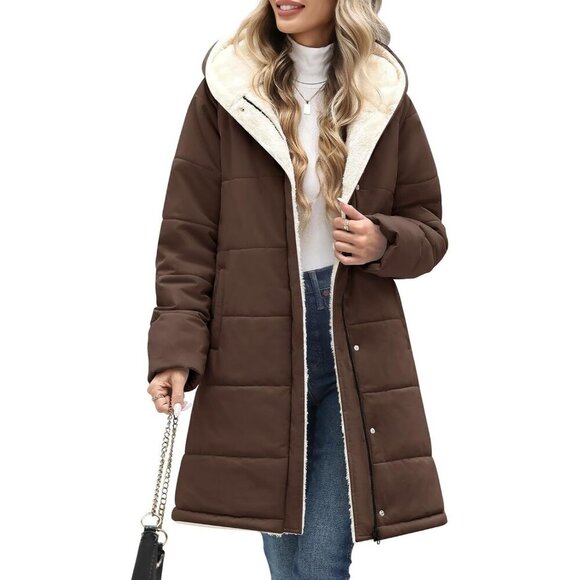 Jackets & Blazers - Women's Long Coffee Hooded Puffer Down Jacket Coat Fleece Warm Fashion Outerwear